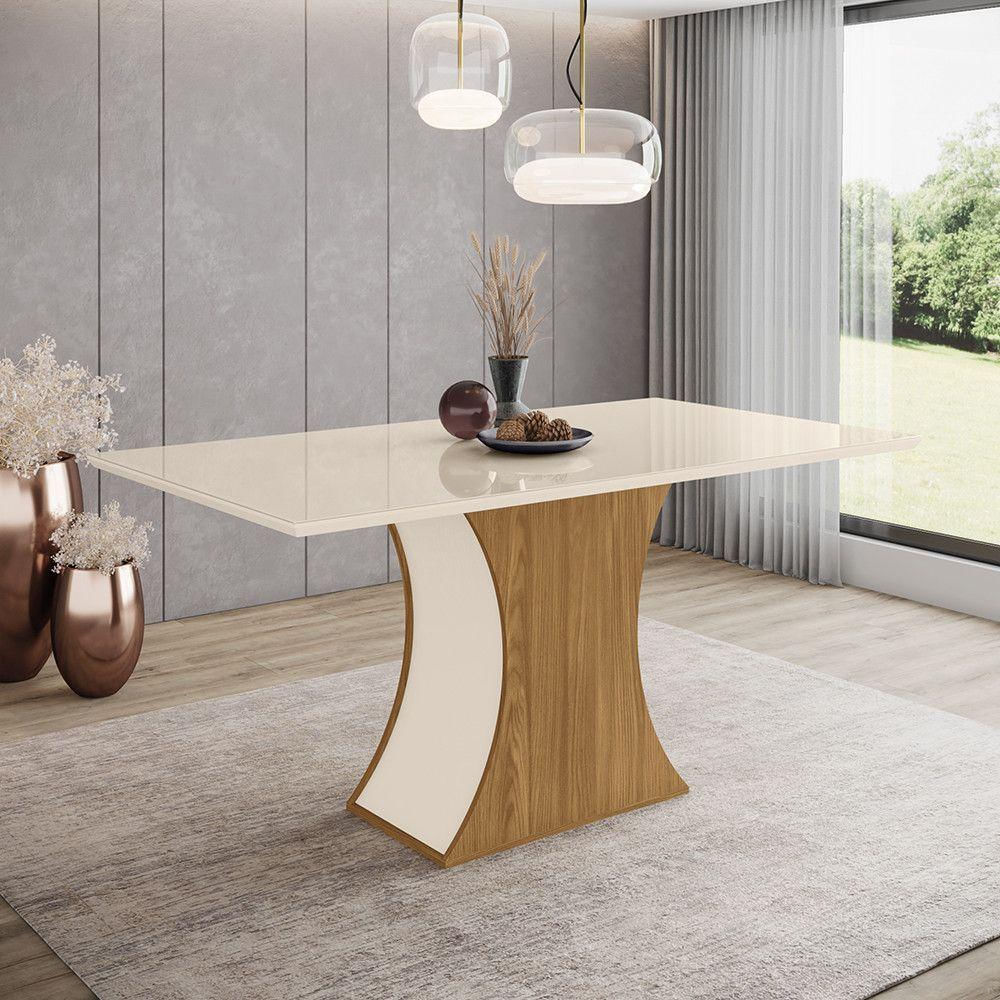 Mesa De Jantar Com Tampo Mdf Com Vidro Canto Reto 160cm