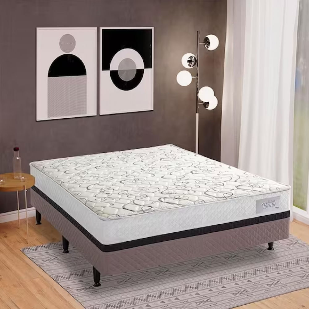 Cama Box Conjugada Casal Herval Roma Ortopédico com Espuma D20 e Tecido Poliéster 53x138x188 cm Branco com Marrom e Bege