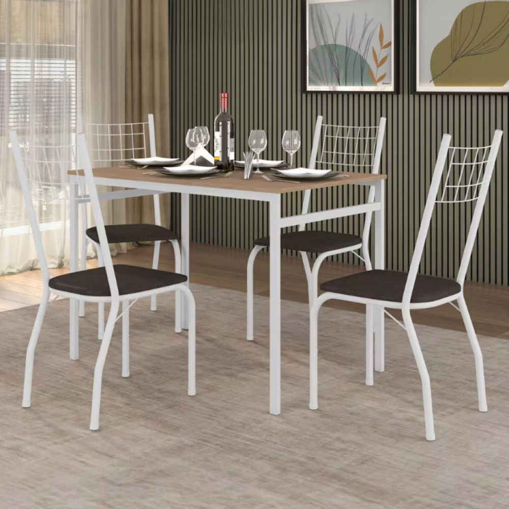 Mesa de Jantar Retangular Fabone Sintra com 4 Cadeiras Estofadas Branco