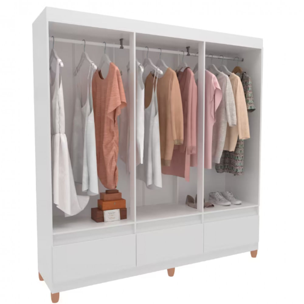 Guarda-Roupa Bartira Ilhéus com Cabideiro, 6 Portas de Bater, 3 Gavetas e 180cm de Largura Branco