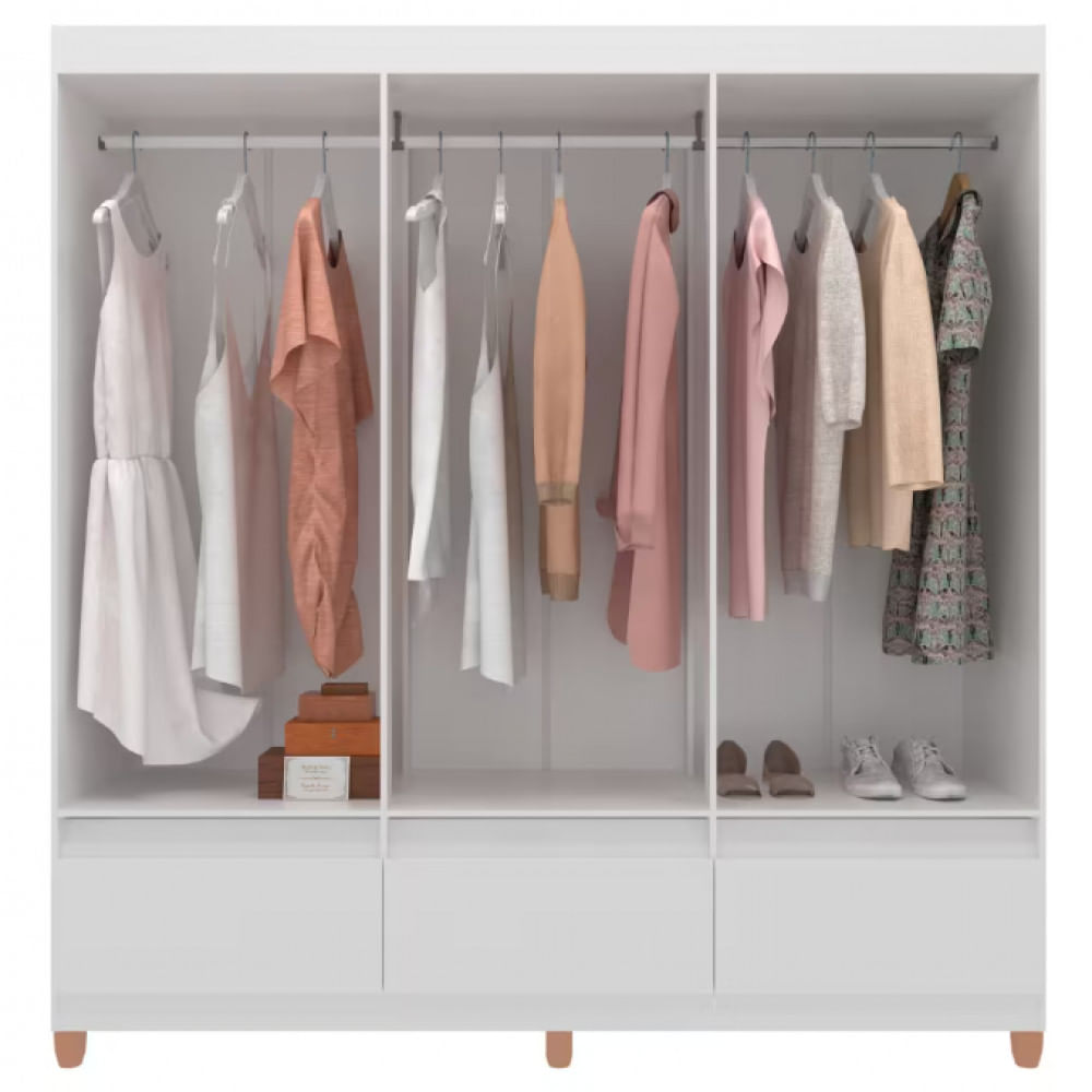 Guarda-Roupa Bartira Ilhéus com Cabideiro, 6 Portas de Bater, 3 Gavetas e 180cm de Largura Branco