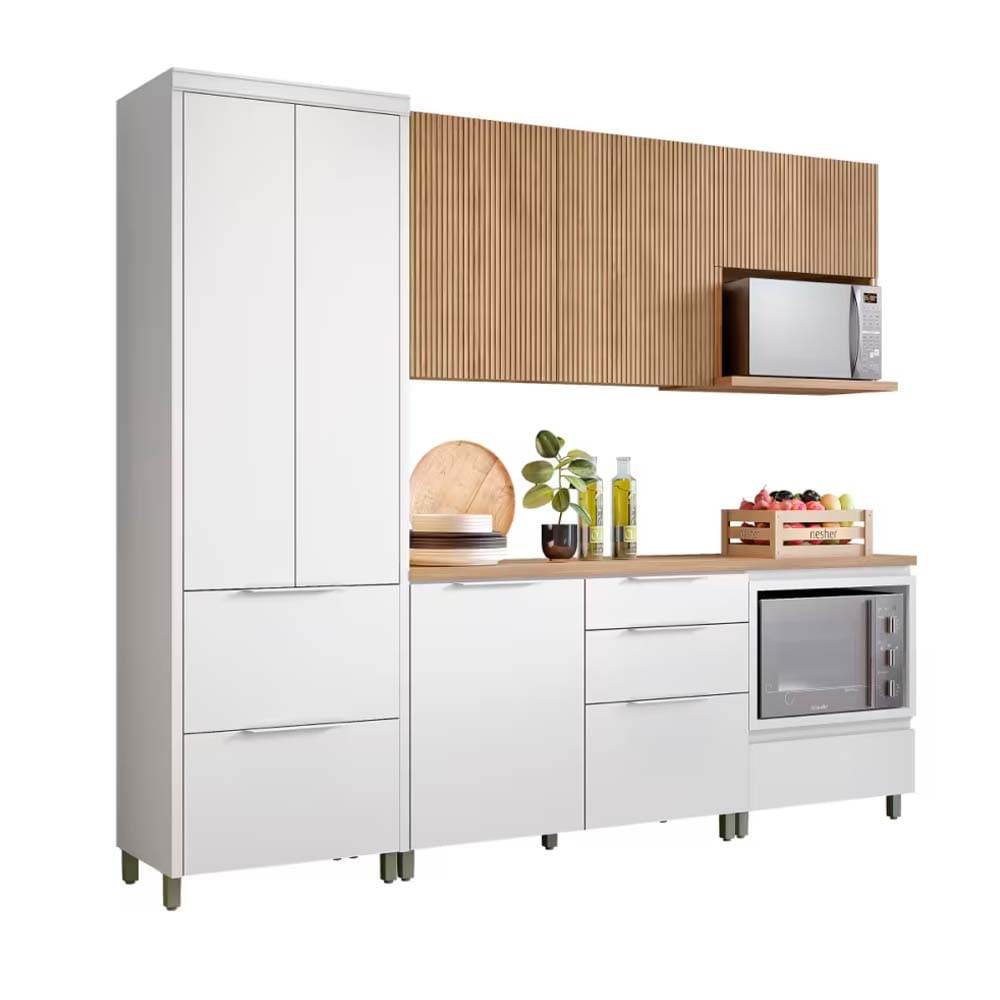 Cozinha Completa em MDF Nesher Paris Ripada 260 cm de Largura, 6 Portas, 6 Gavetas e 10 Prateleiras