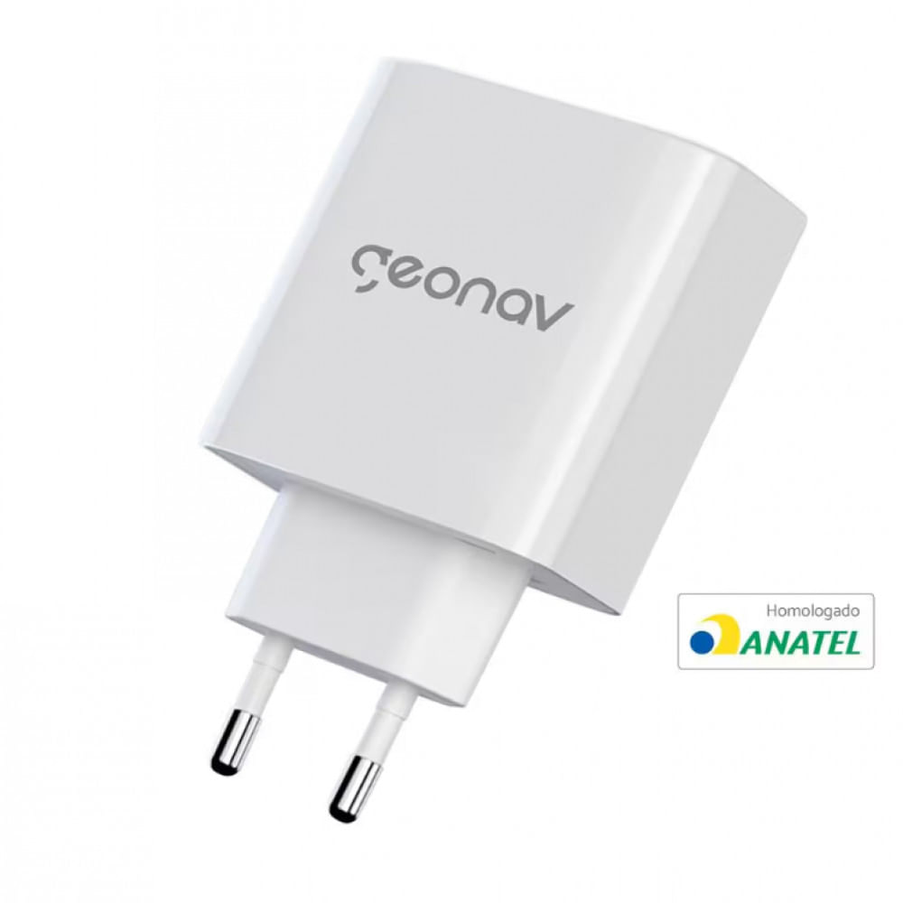 Carregador de Tomada Geonav Turbo Duo 48W com USB-A e USB-C para Celulares e Dispositivos Eletrônicos Branco