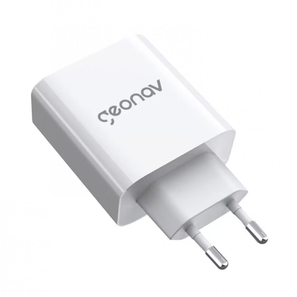 Carregador de Tomada Geonav Turbo Duo 48W com USB-A e USB-C para Celulares e Dispositivos Eletrônicos Branco