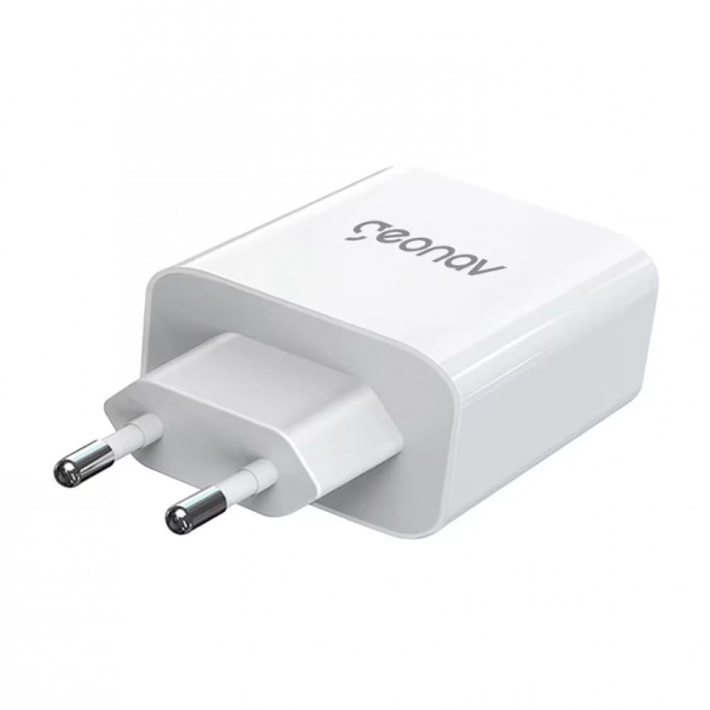 Carregador de Tomada Geonav Turbo Duo 48W com USB-A e USB-C para Celulares e Dispositivos Eletrônicos Branco