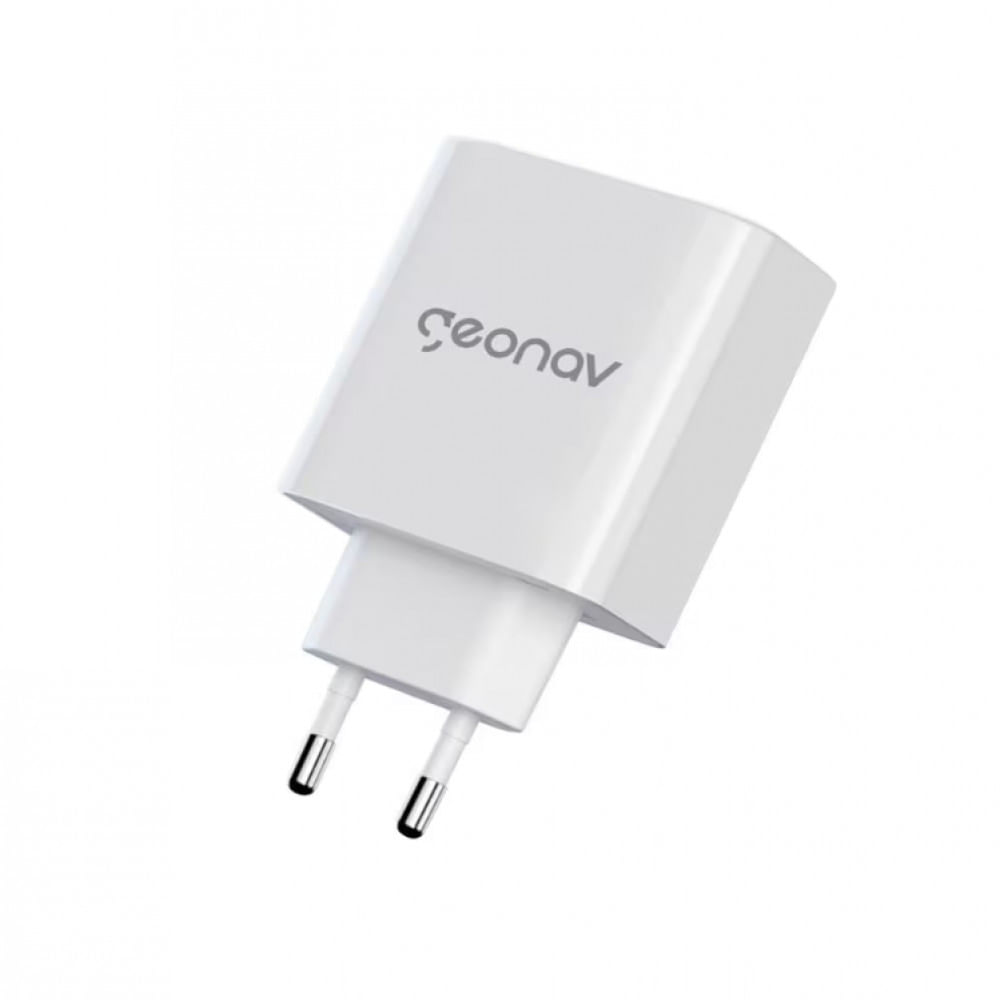 Carregador de Tomada Geonav Turbo Duo 48W com USB-A e USB-C para Celulares e Dispositivos Eletrônicos Branco