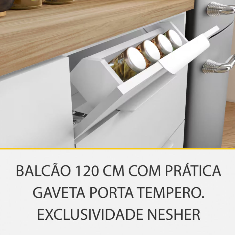 Cozinha Completa em MDF Nesher Paris Ripada com 270 cm de Largura, 7 Portas, 6 Gavetas e 11 Prateleiras Branco com Nature