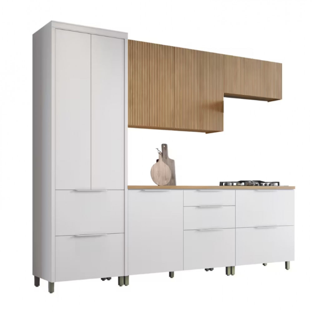 Cozinha Completa em MDF Nesher Paris Ripada com 270 cm de Largura, 7 Portas, 6 Gavetas e 11 Prateleiras Branco com Nature