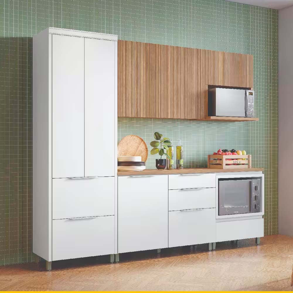 Cozinha Completa em MDF Nesher Paris Ripada 260 cm de Largura, 6 Portas, 6 Gavetas e 10 Prateleiras Branco com Nature