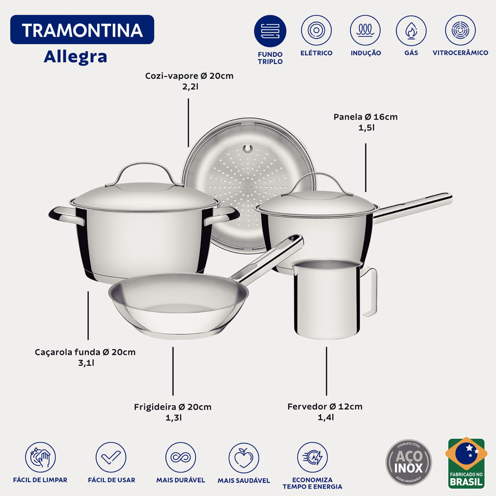 Conjunto de Panelas 5 Peças Inox Tramontina Allegra 65660/280