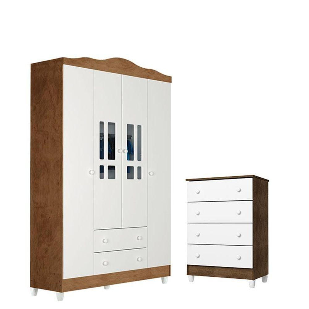 Cômoda Gaveteiro E Guarda Roupa Ariel 4 Portas Branco Acetinado Amadeirado - Carolina