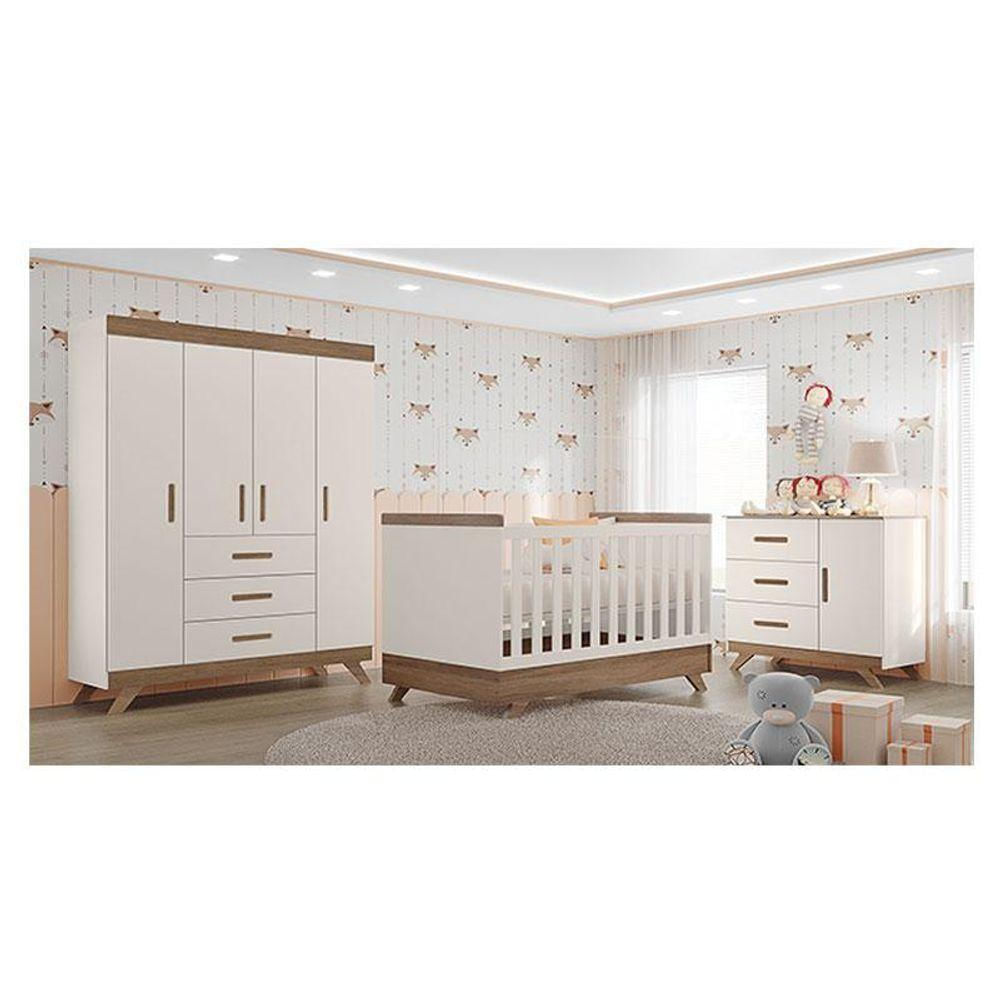 Quarto De Bebê Retro Maya Com Berço Americano Vitória Off White Carvalho - Canaã