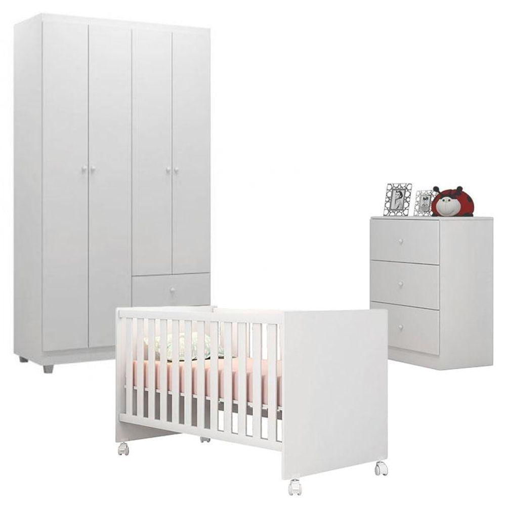 Quarto De Bebê Louise 4 Portas Com Berço Doce Sonho 100 Rodízio Branco Brilho - Ajl