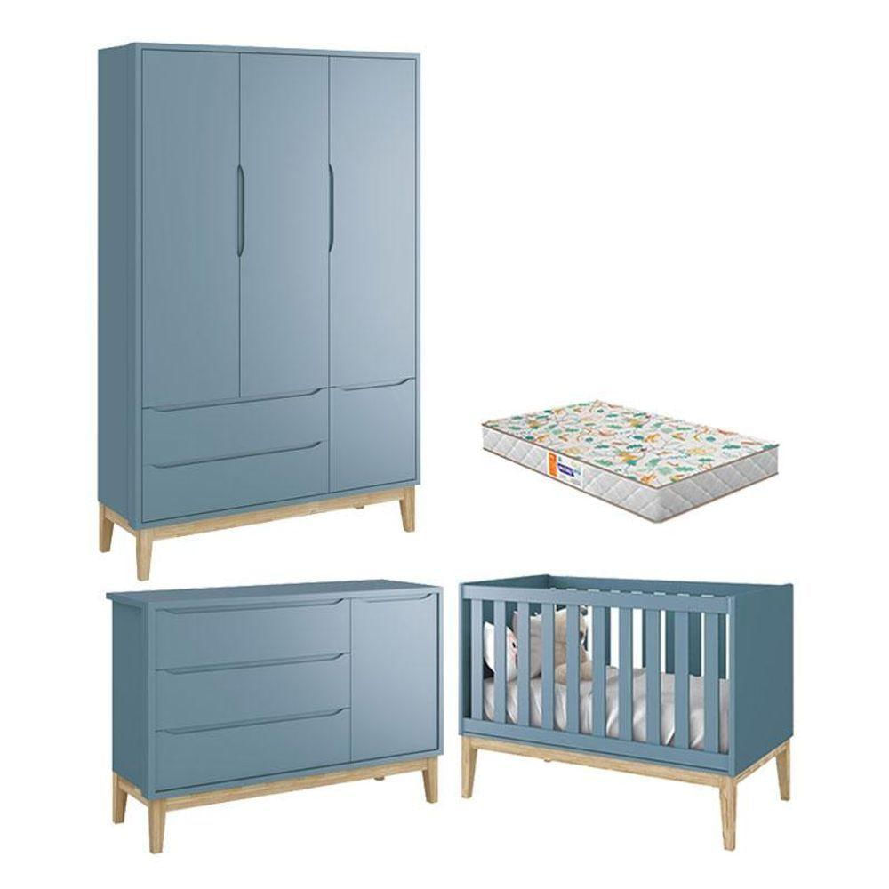 Quarto De Bebê 3 Portas New Classic Azul Com Pés Madeira Natural E Colchão Gazin - Reller