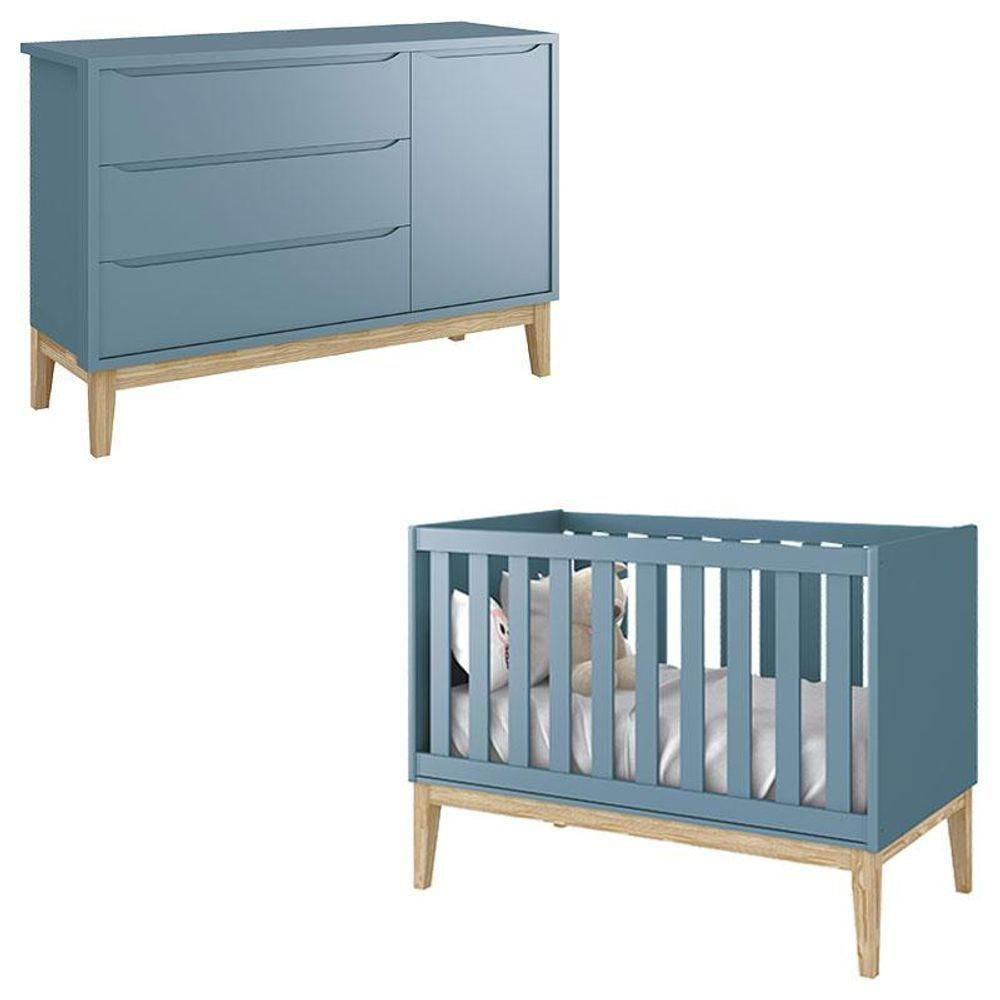 Berço Americano E Cômoda Infantil 1 Porta Classic Azul Com Pés Madeira Natural - Reller