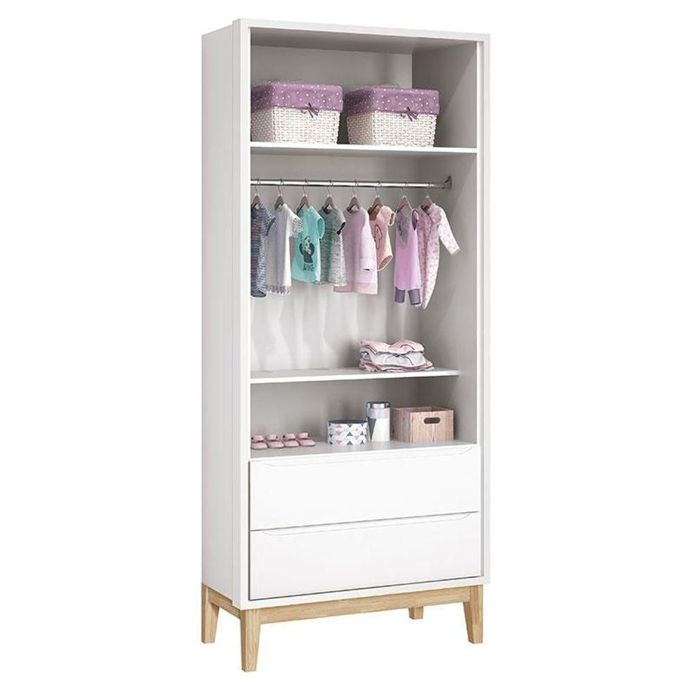 Quarto De Bebê Classic 2 Portas Cômoda Com Porta Branco Com Pés Madeira Natural - Reller