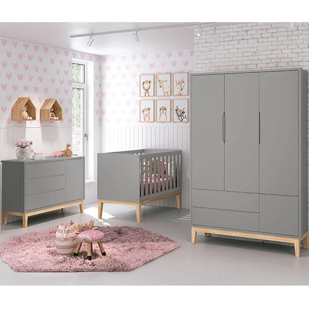 Quarto De Bebê Classic 3 Portas Cômoda Com Porta Cinza Com Pés Madeira Natural - Reller