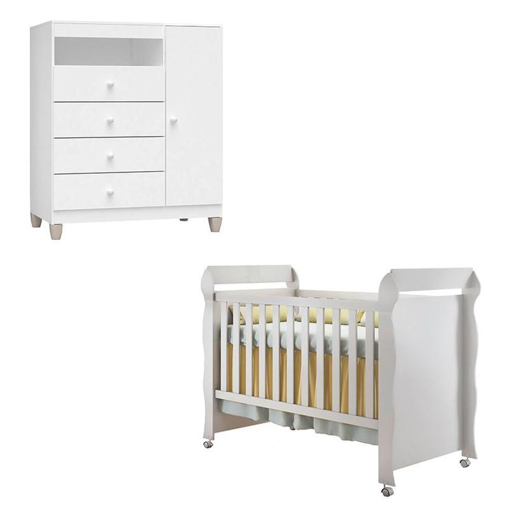 Berço Americano Mirelle E Cômoda Infantil Ternura Baby Branco Brilho - Incorplac