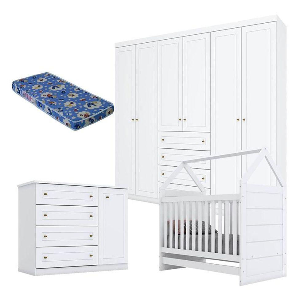 Quarto De Bebê Mississipi 6 Portas Com Berço Montessoriano Branco Hp E Colchão Ortobom - Henn