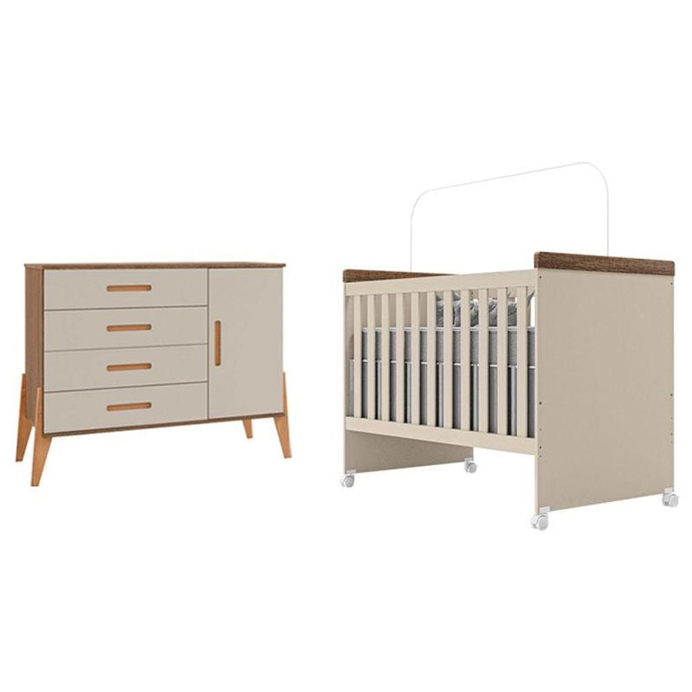 Berço Mini Cama Lívia E Cômoda Com Porta Emilly Off White Carvalho - Canaã