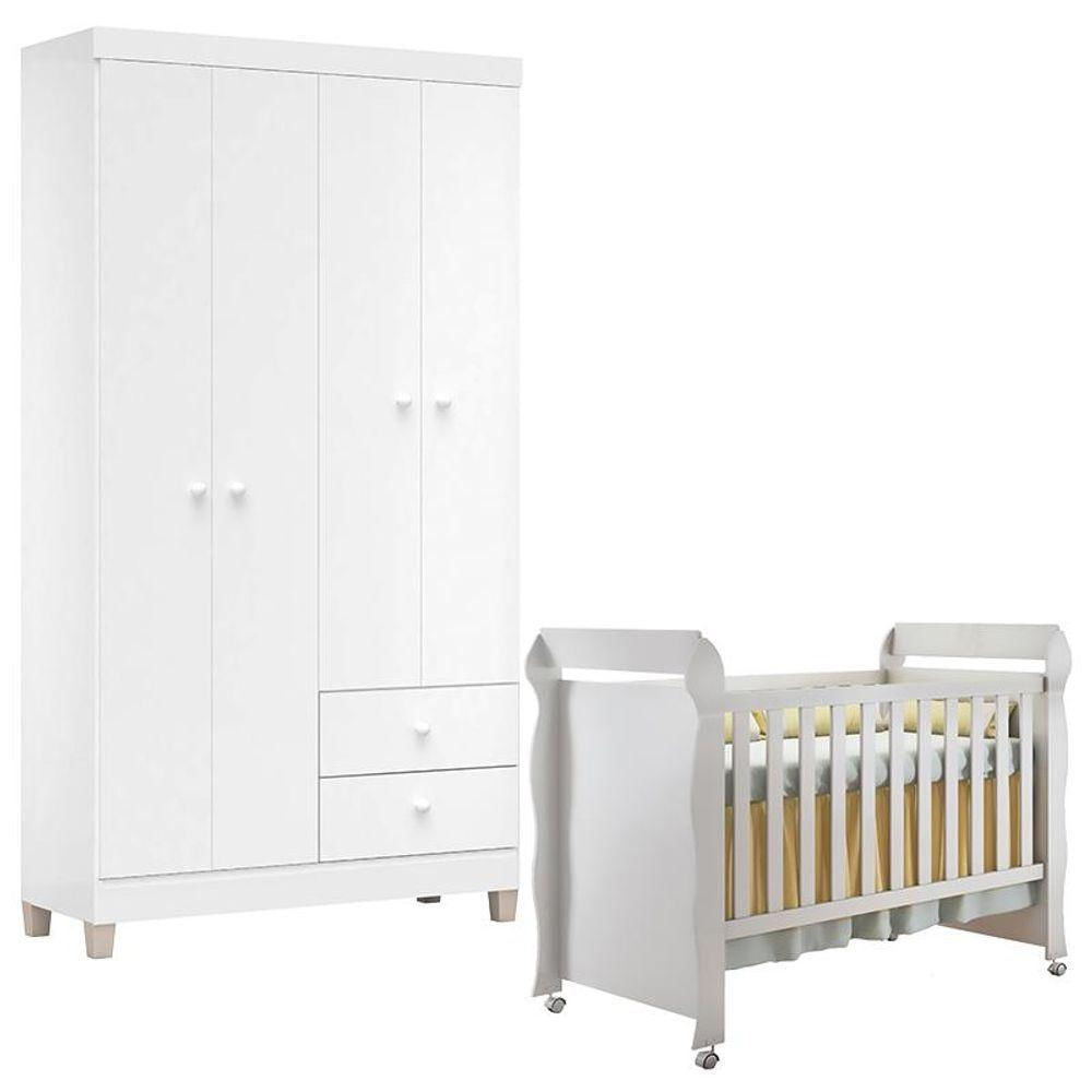 Berço Americano Mirelle E Guarda Roupa Ternura Baby 4 Portas Branco Brilho - Incorplac