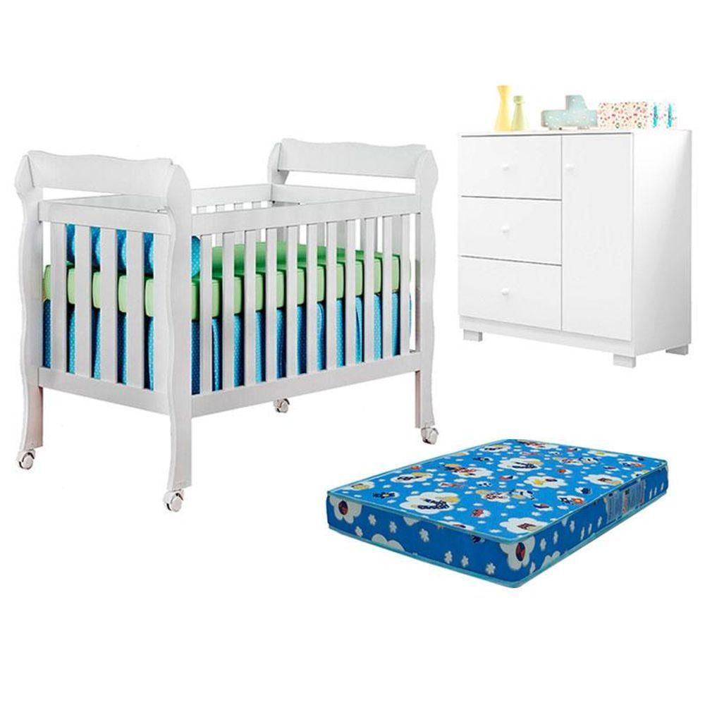 Berço Americano Lila E Cômoda Infantil Duda Branco Brilho Com Colchão Ortobom - Phoenix Baby