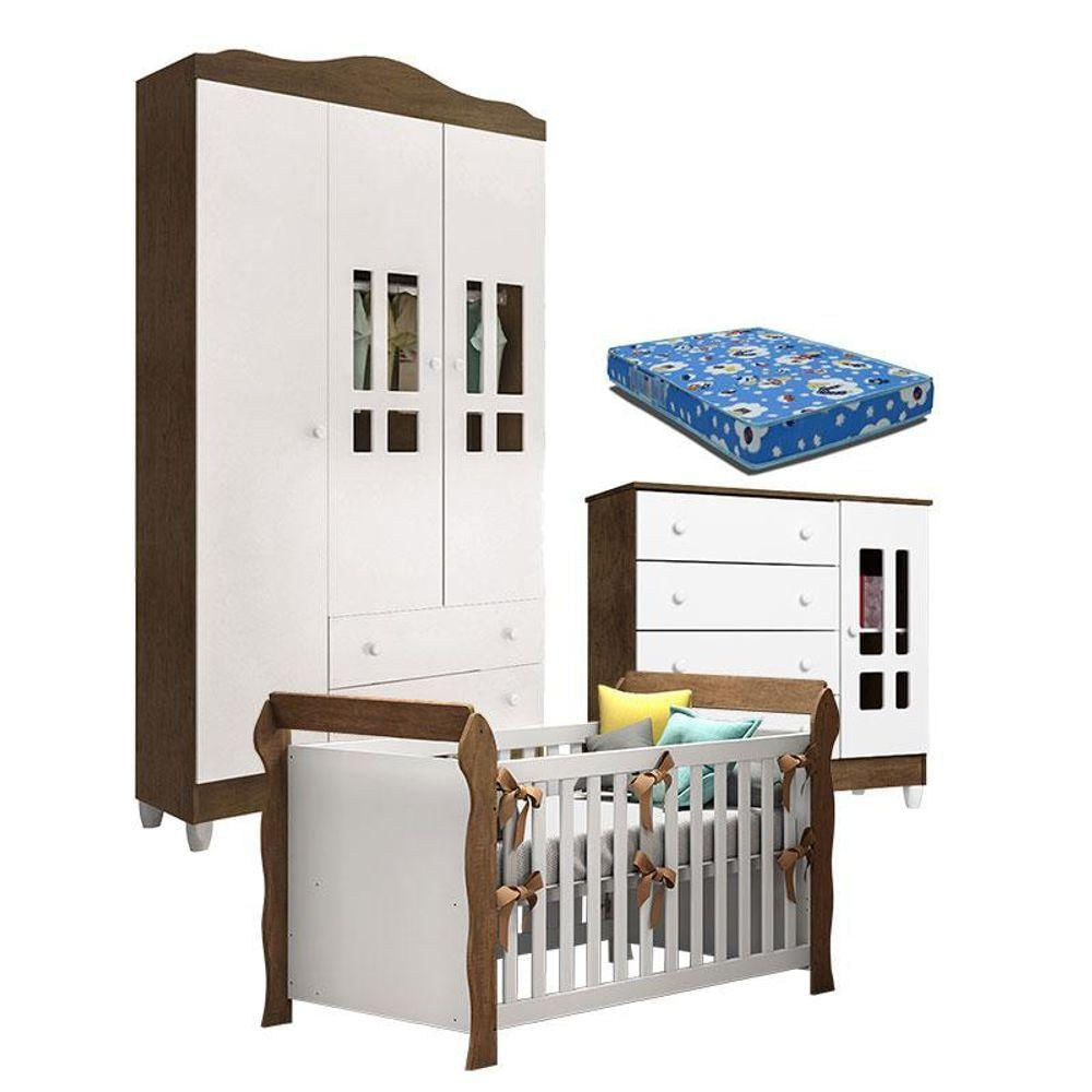 Quarto De Bebê Ariel 3p Berço Lara Branco Acetinado Amadeirado Com Colchão - Carolina