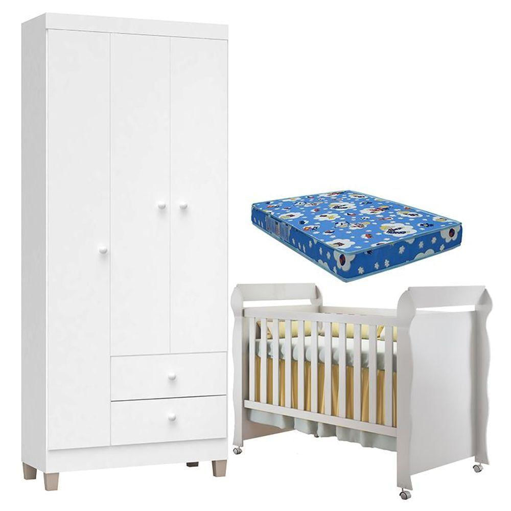 Berço Americano Mirelle Com Colchão E Guarda Roupa Ternura Baby 3 Portas Branco Brilho - Incorplac