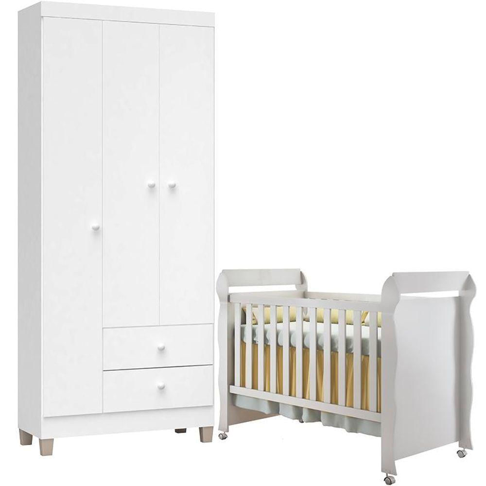 Berço Americano Mirelle E Guarda Roupa Ternura Baby 3 Portas Branco Brilho - Incorplac