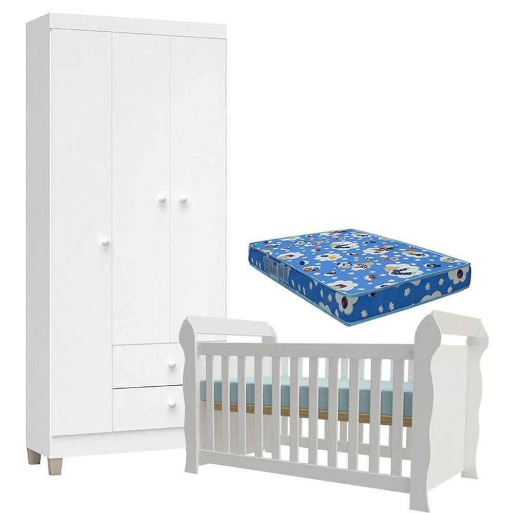 Berço Americano Lara Com Colchão E Guarda Roupa Ternura Baby 3 Portas Branco Brilho - Incorplac