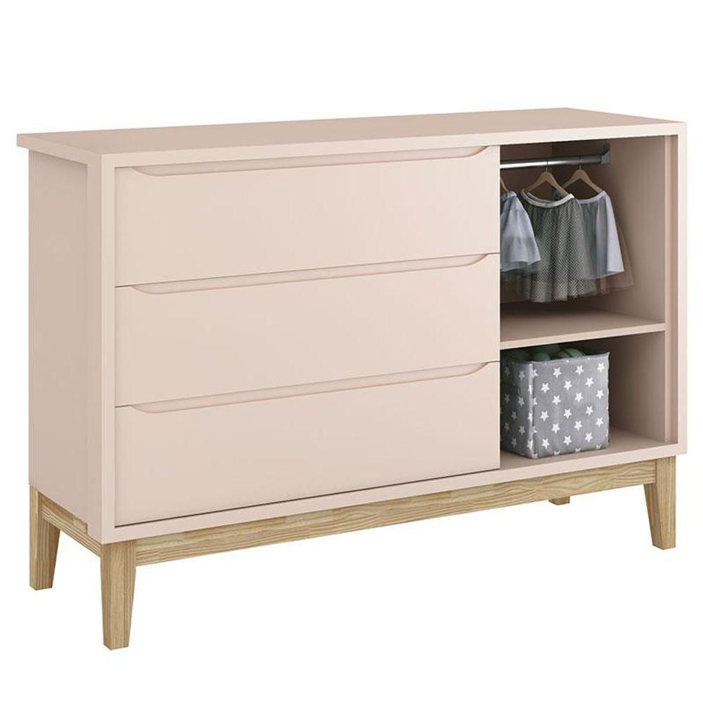 Cômoda Infantil New Classic Com Porta Rosa Com Pés Madeira Natural - Reller