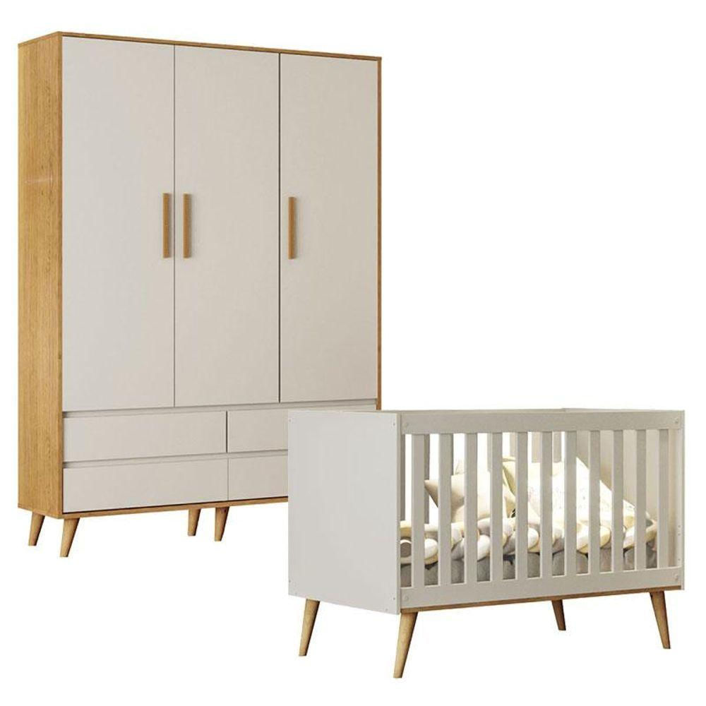 Berço Americano Ludmila E Guarda Roupa Infantil Lorena 3 Portas Off White Bétula - Carolina Baby