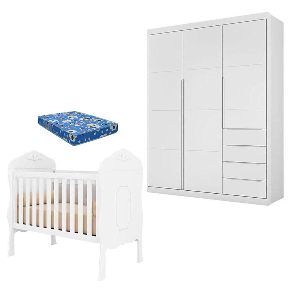 Berço Americano Realeza E Guarda Roupa Infantil Blenda Branco Acetinado Com Colchão Ortobom