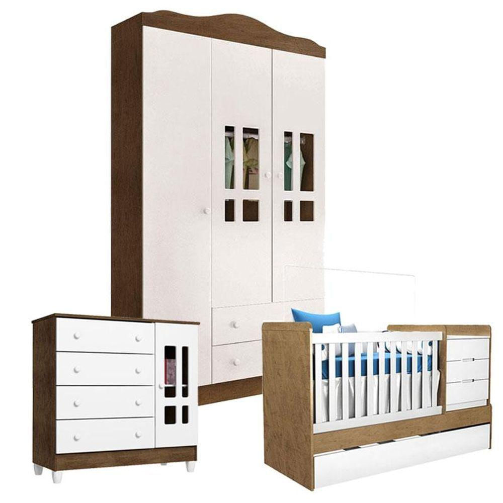 Quarto De Bebê Ariel 3 Portas Com Berço Americano Multifuncional Cléo Branco Acetinado Amadeirado