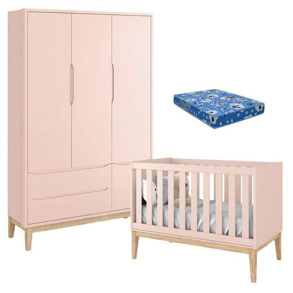 Berço Americano Com Colchão E Guarda Roupa Classic 3 Portas Rosa Pés Madeira Natural - Reller
