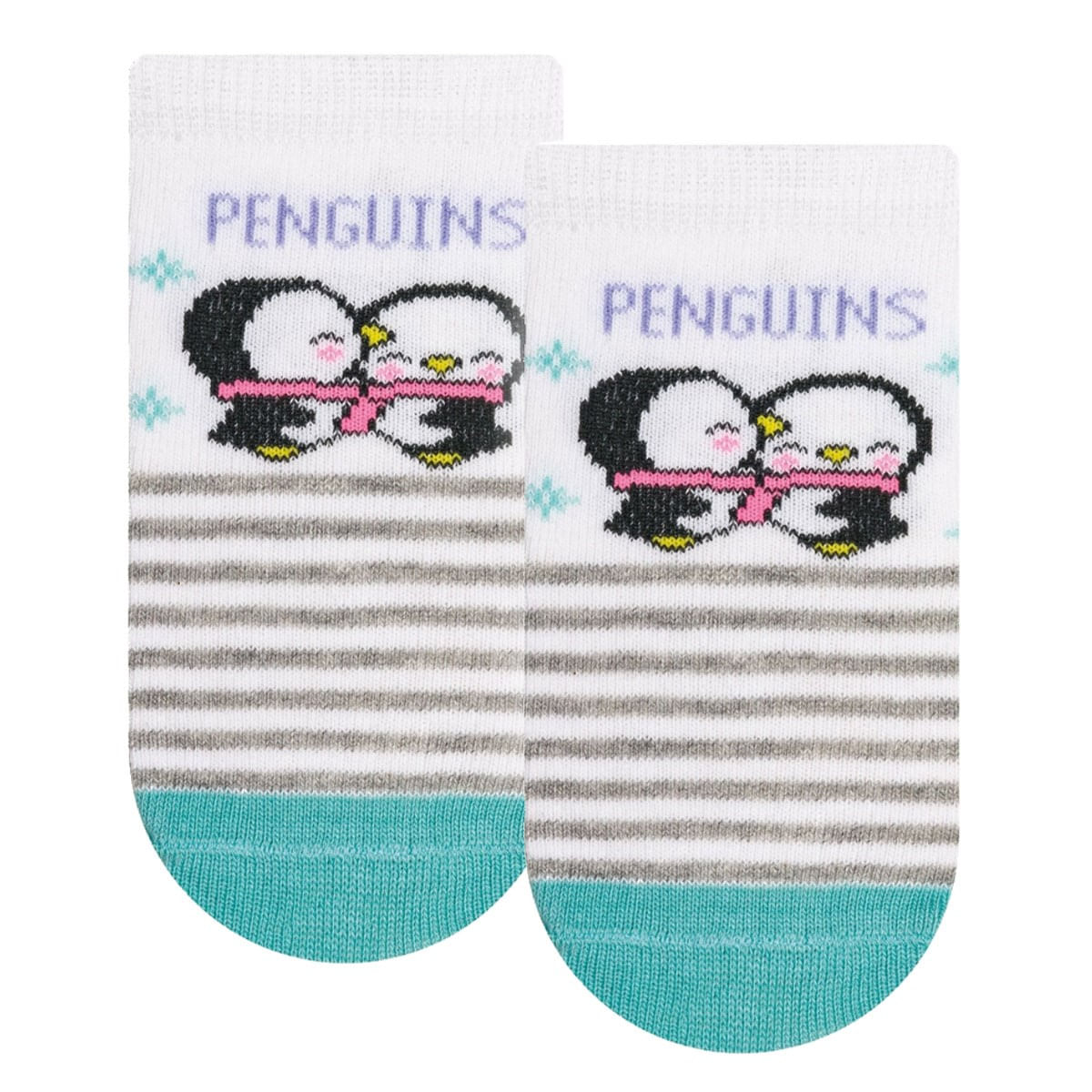 Meia Selene Bebê Meninas Pinguins - Branco e Azul