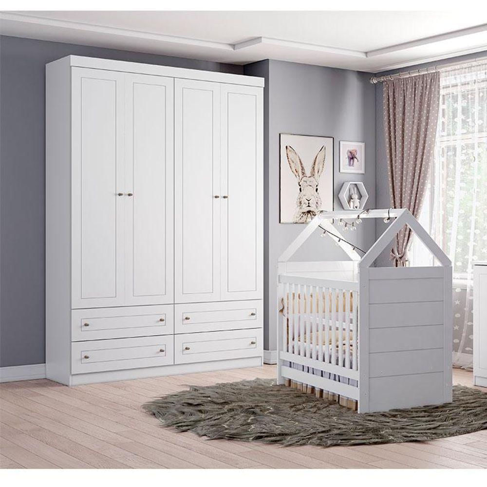 Berço Montessoriano E Guarda Roupa Infantil Americano 4 Portas Branco Com Colchão Gazin - Henn