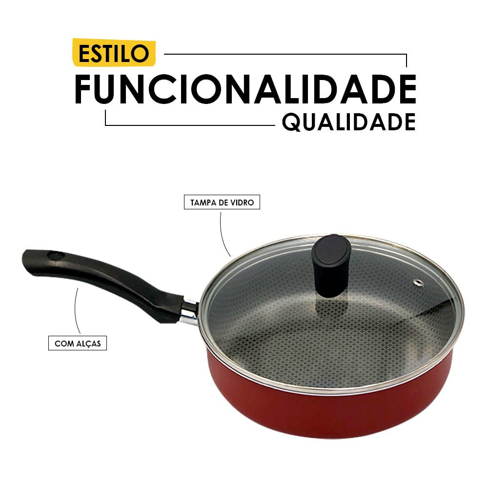 Frigideira Enjoy Reta 24cm Com Tampa de Vidro e Alça - Vermelha