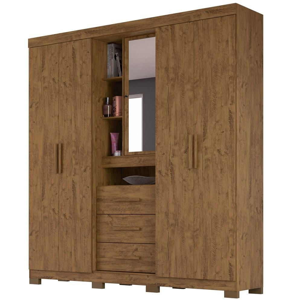 Guarda Roupa Casal 4 Portas e Espelho Eldorado Castanho Wood - Moval