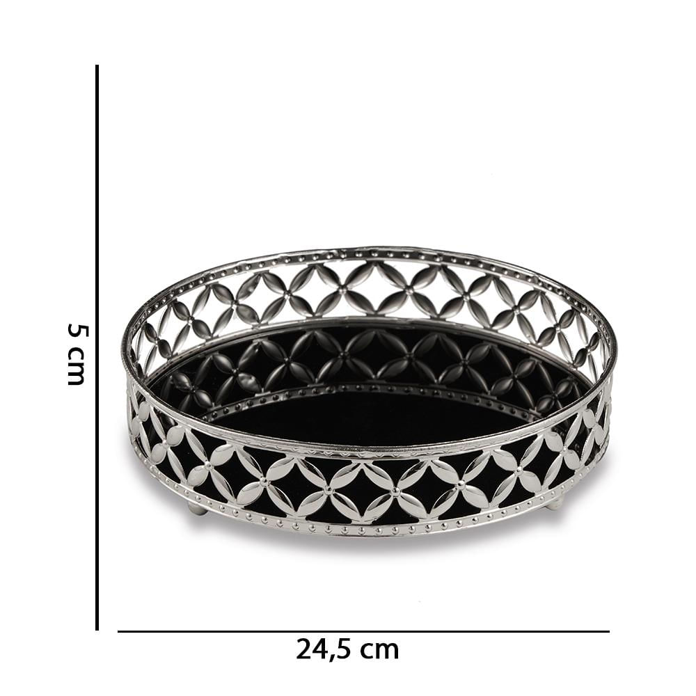 Bandeja Decorativa Redonda em Metal Prata com Espelho Preto 5x24,5 cm - D'Rossi