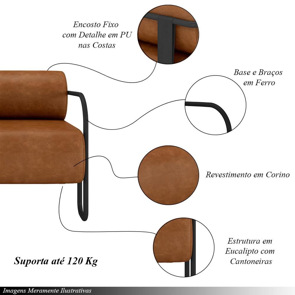 Poltrona Decorativa Sala de Estar Polatsk Base Industrial de Ferro PU Caramelo G33 - Gran Belo