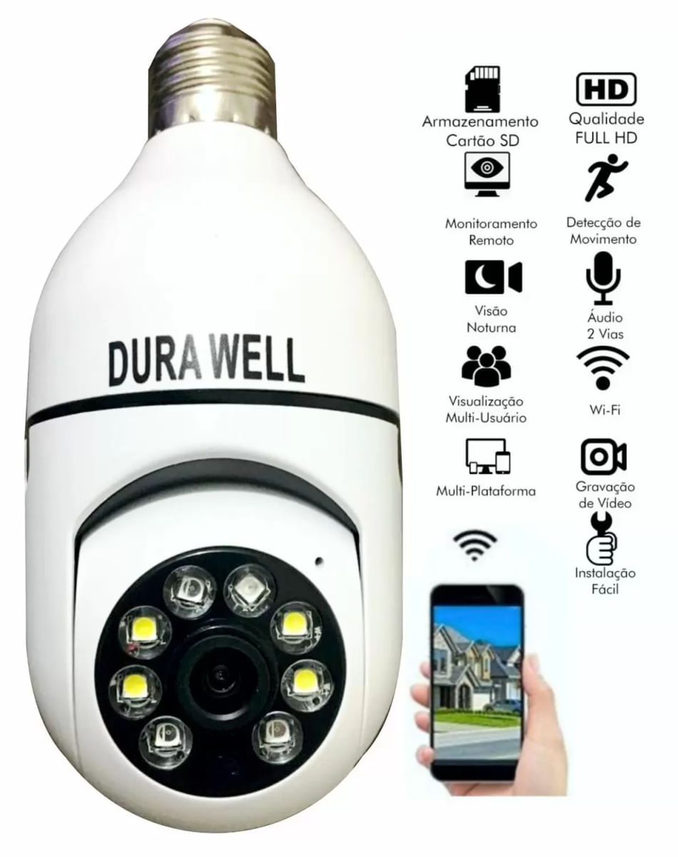 Câmera lampada inteligente Wireless infra IP Full HD 2.0 megapixels Onvif, Holofote, Auto Tracking