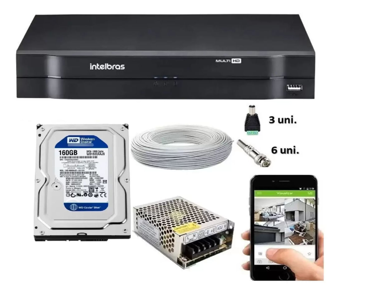 Kit Cftv Dvr Intelbras Mhdx Cabo E Conectores c/Hd