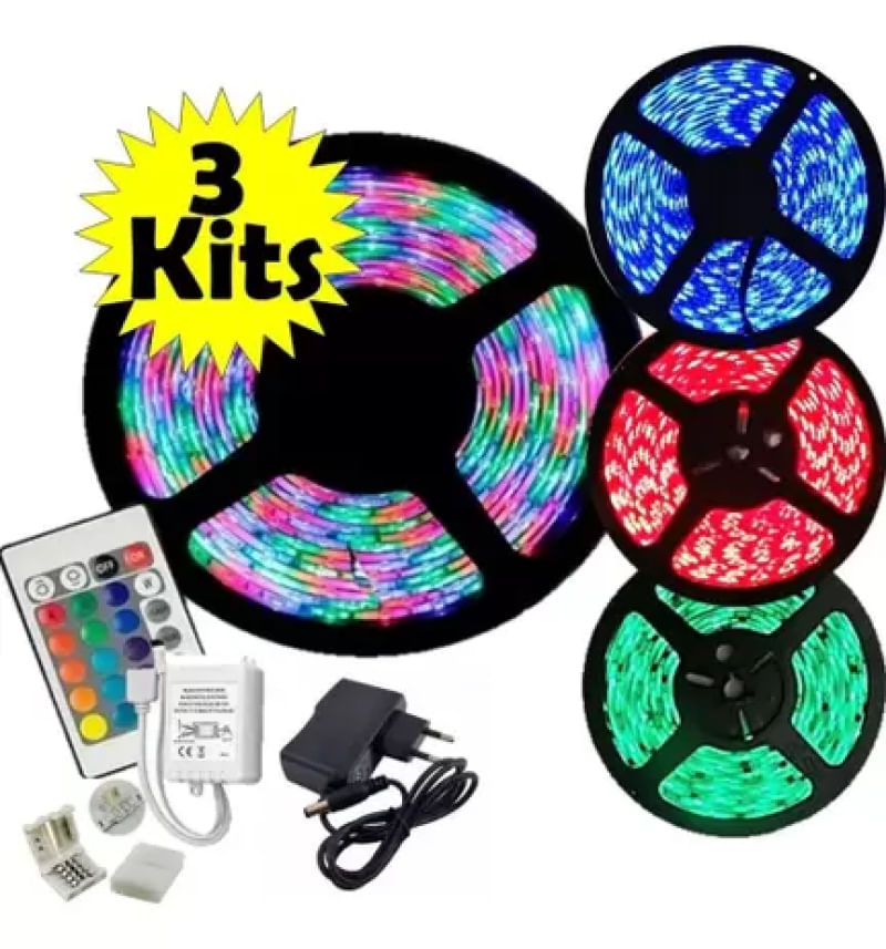 Kit 3 Fita Led Ultra Rgb 3528w Prova D'agua Fonte Controle