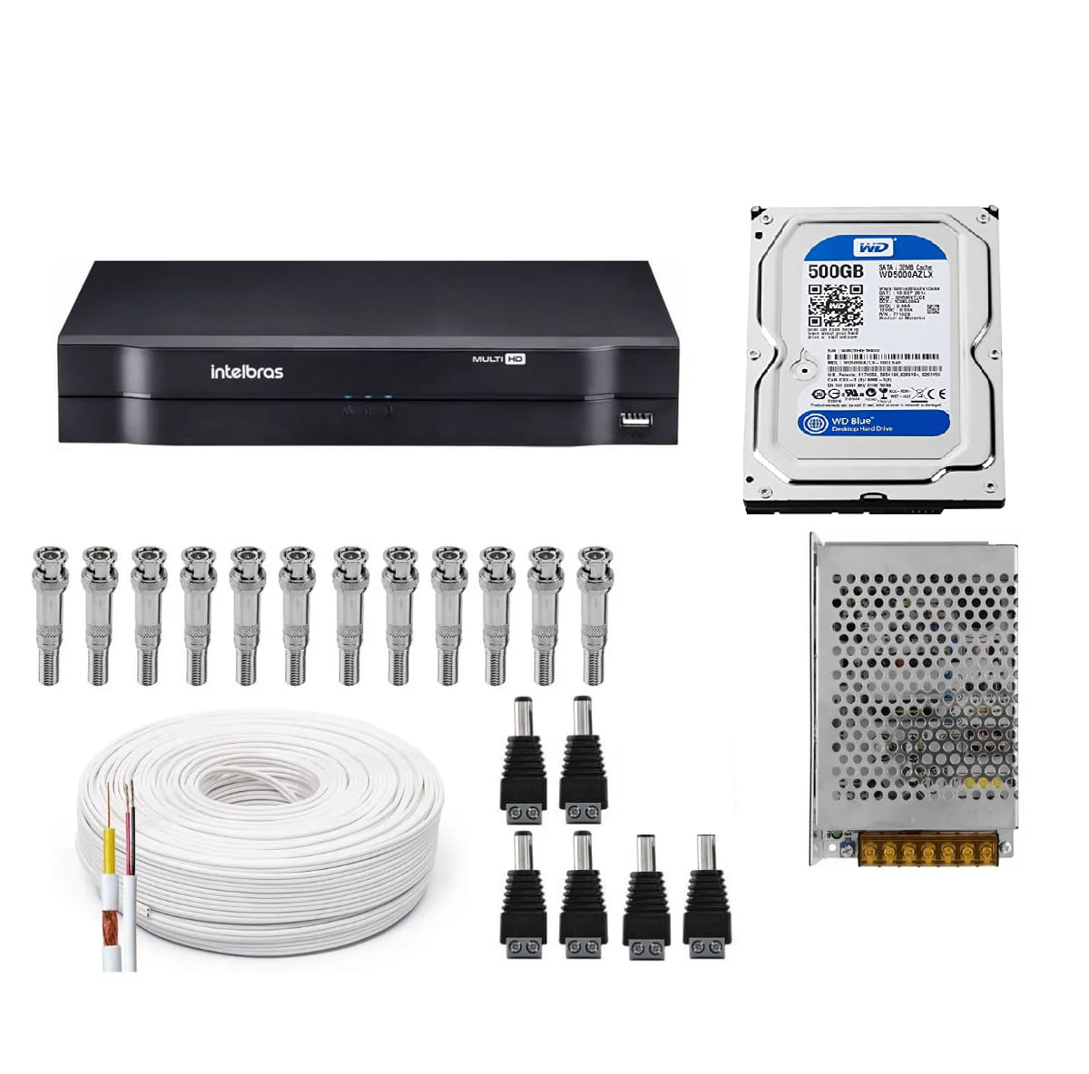 Kit Cftv Dvr Intelbras 8ch mhdx full hd com hd 500gb+fonte+100m de cabo e conectores