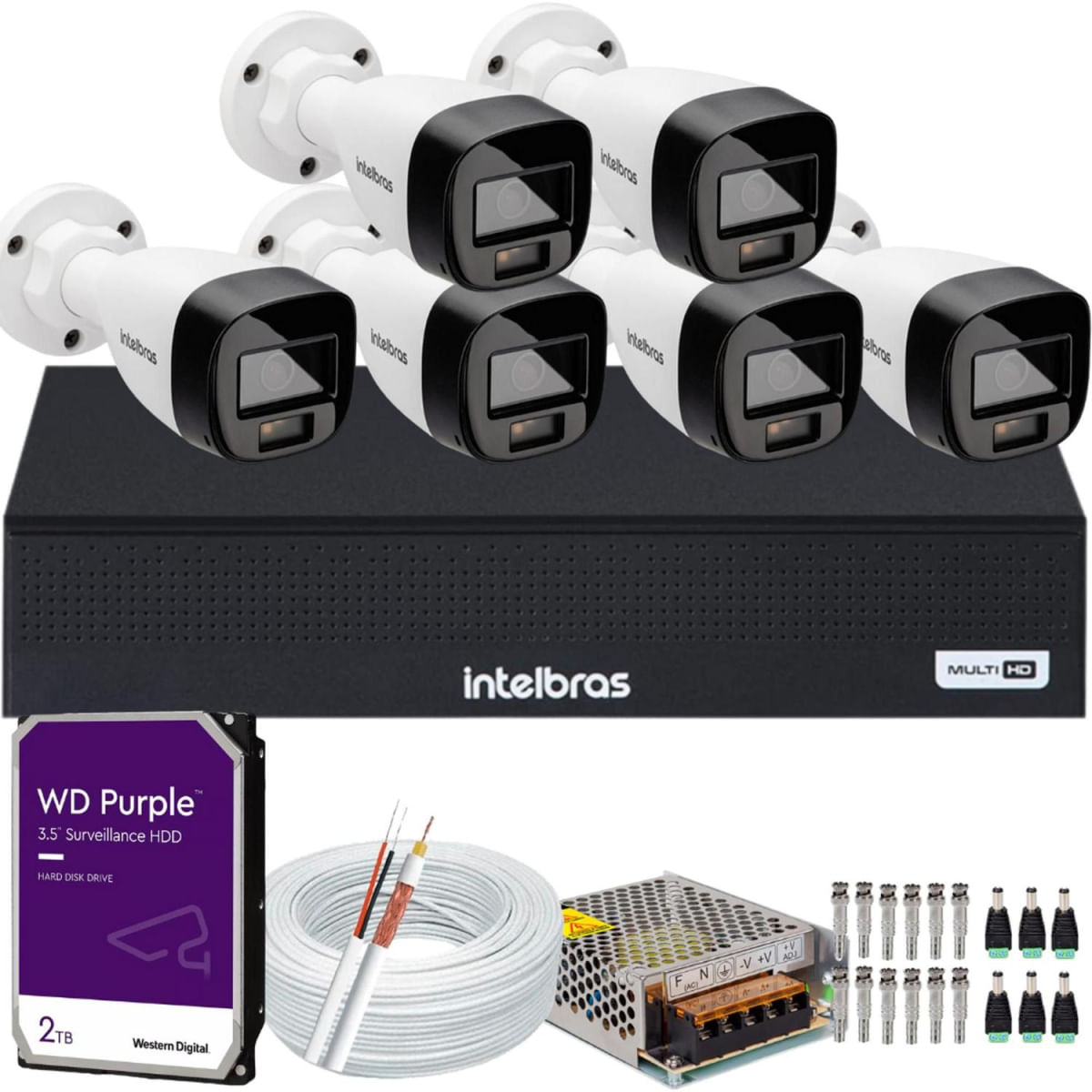 Kit Intelbras 6 Cameras Segurança VHD 3220b+ Microfone Audio Full Color 1080p Dvr 3008c 2TB Purple