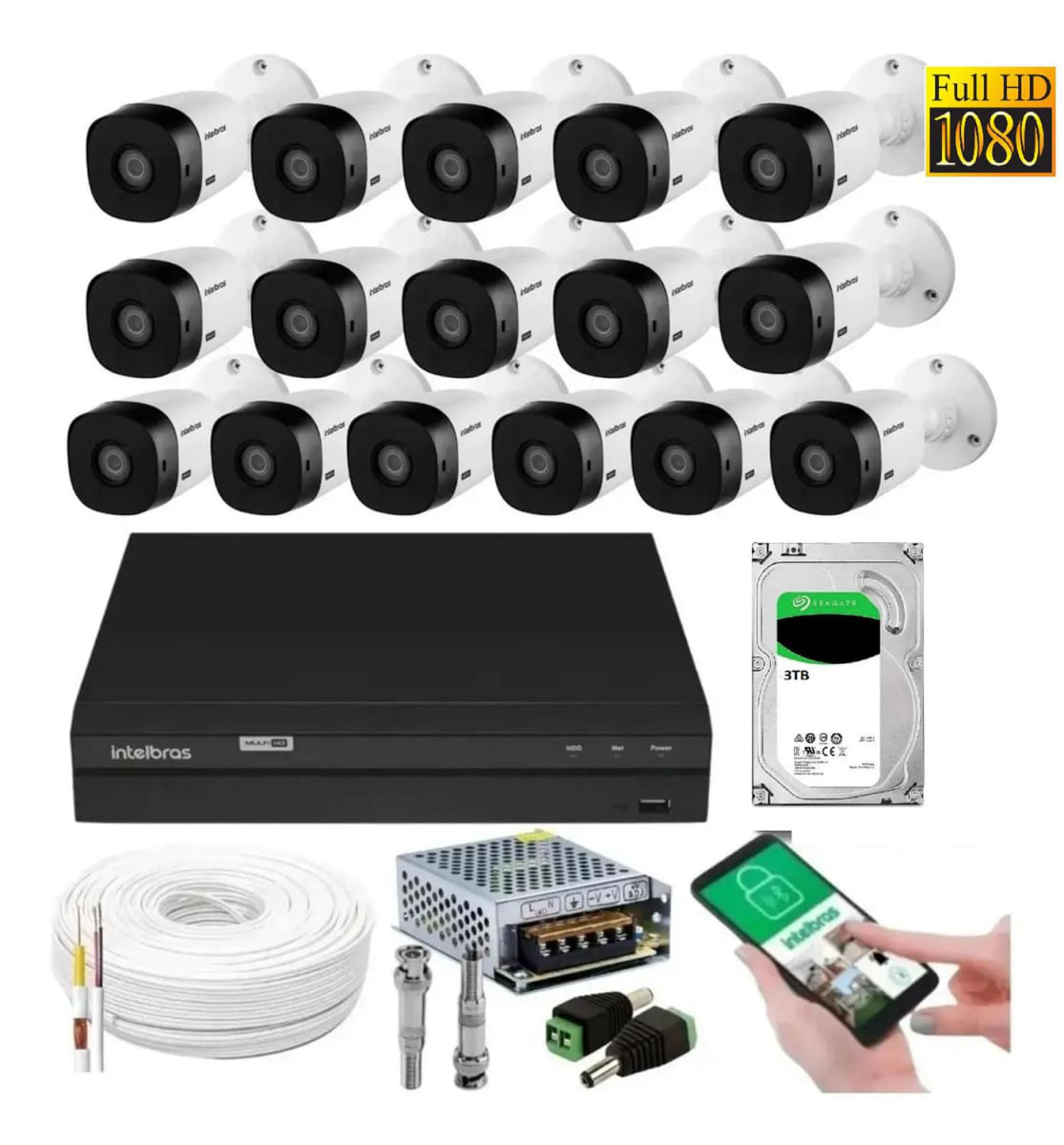 Encontraproduto.com.br - Kit 16 Câmeras Multi Hd Intelbras 1220b 1080p 2mp Dvr 16 Canais Com Hd 3tb