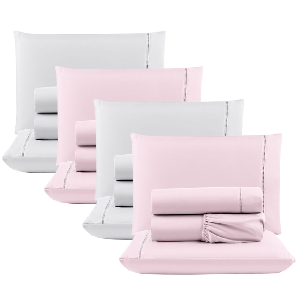 Kit c/ 4 Jogos Cama Lençol Unique Casal Padrão Micro Percal 400 Fios Ponto Palito 4 Peças - Rosa + Branco