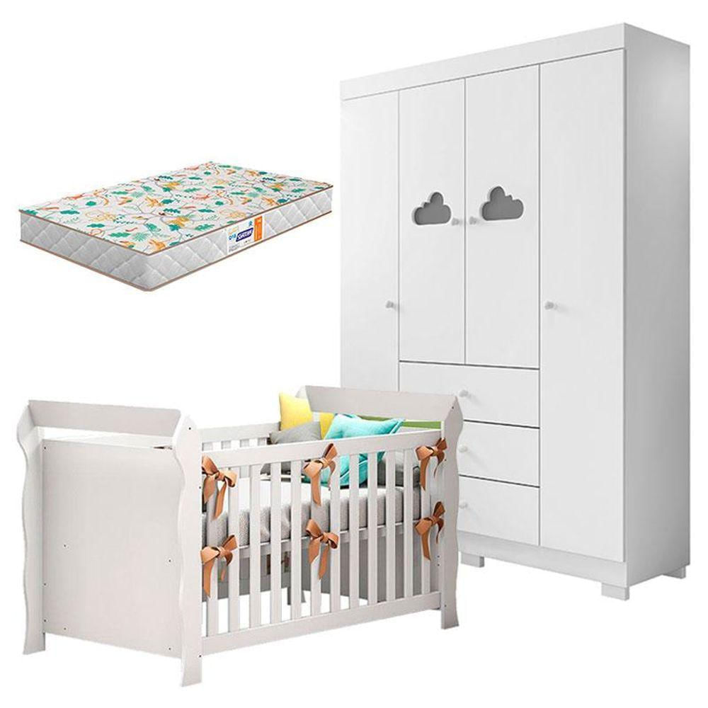 Berço Americano Lara E Guarda Roupa Infantil Ane Branco Brilho Com Colchão Gazin - Phoenix Baby
