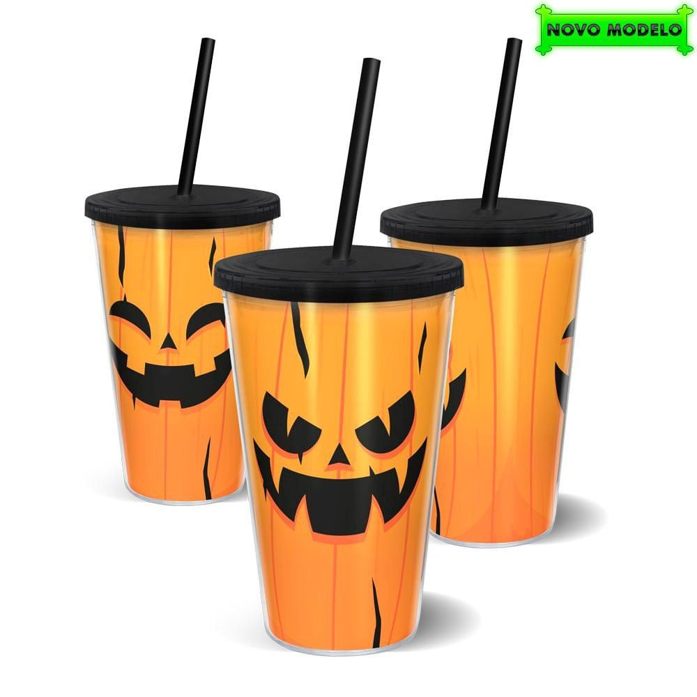 Copo Canudo Parede Dupla 500ml HALLOWEEN Abóbora - Beek